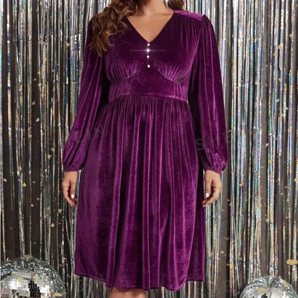 Brand New Purple SHEIN Clasi Plus Lantern Sleeve Rhinestone Detail Velvet Dress